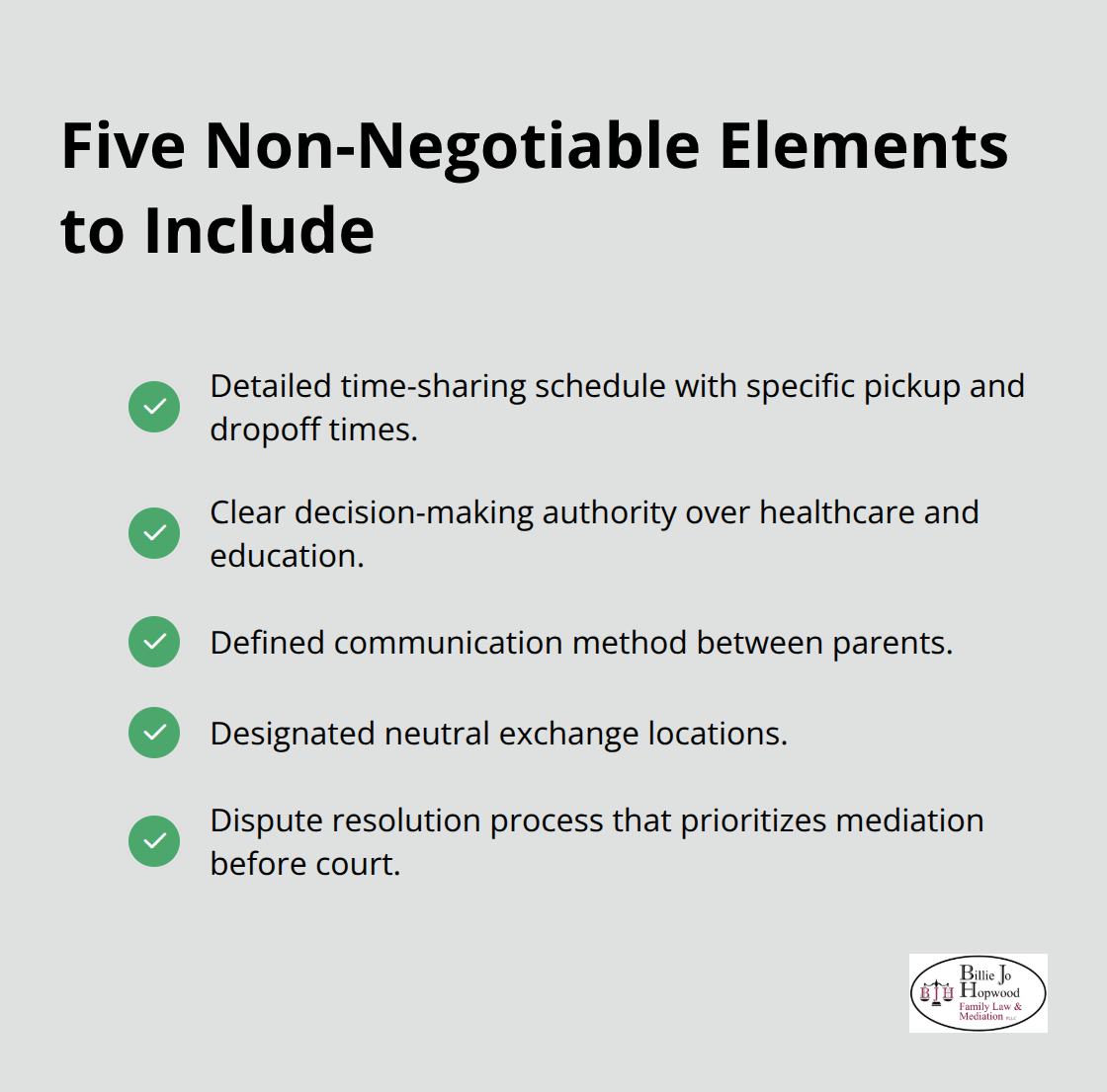 Checklist of the five must-have elements in a Brevard County parenting plan
