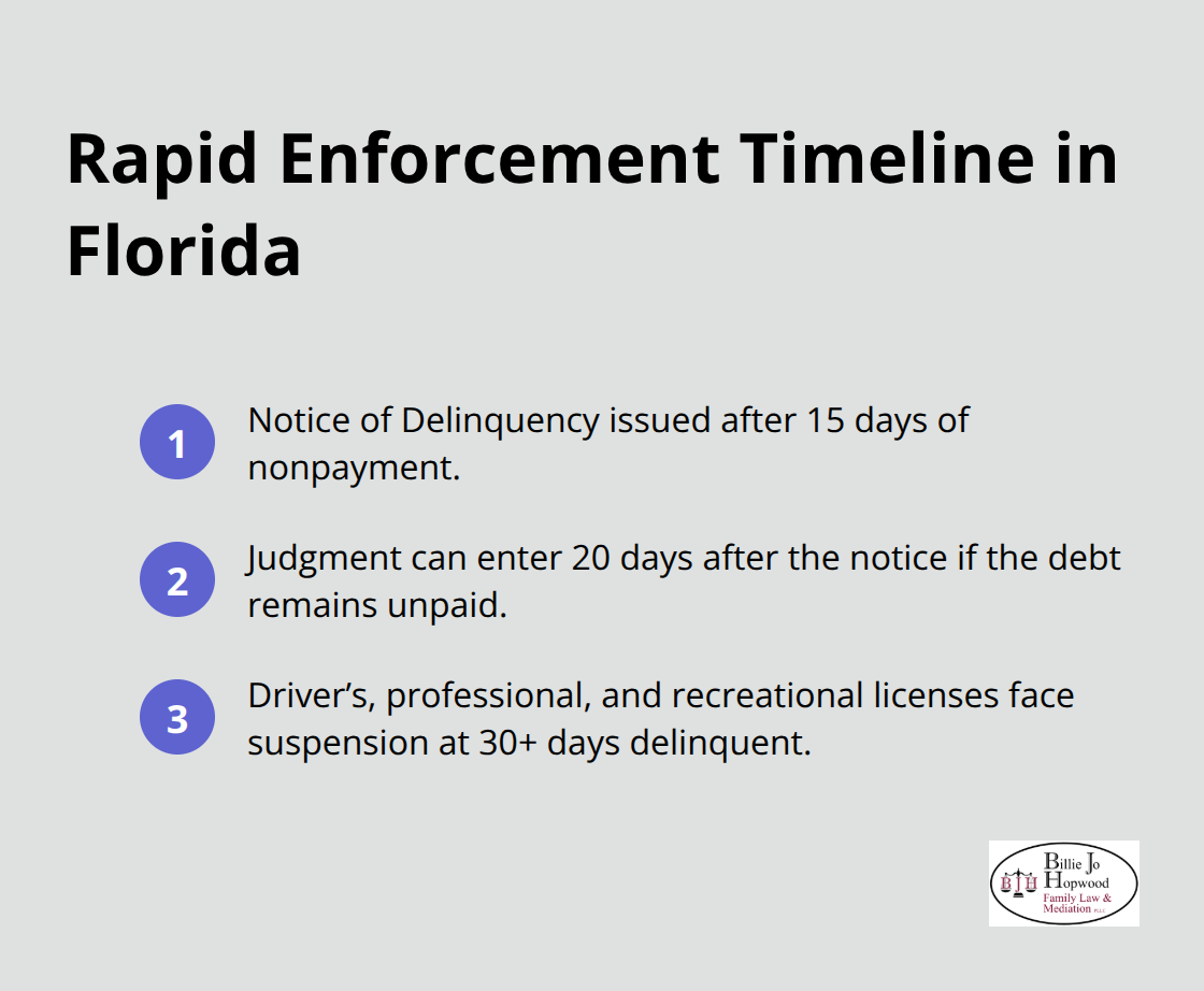 Ordered list showing 15-day notice, 20-day judgment, and 30+ day license suspension timeline for child support enforcement - Child support enforcement Brevard