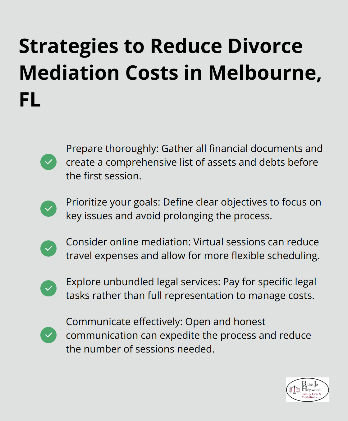 Checkmark list of strategies to reduce divorce mediation costs in Melbourne, Florida - cost of divorce mediation melbourne florida