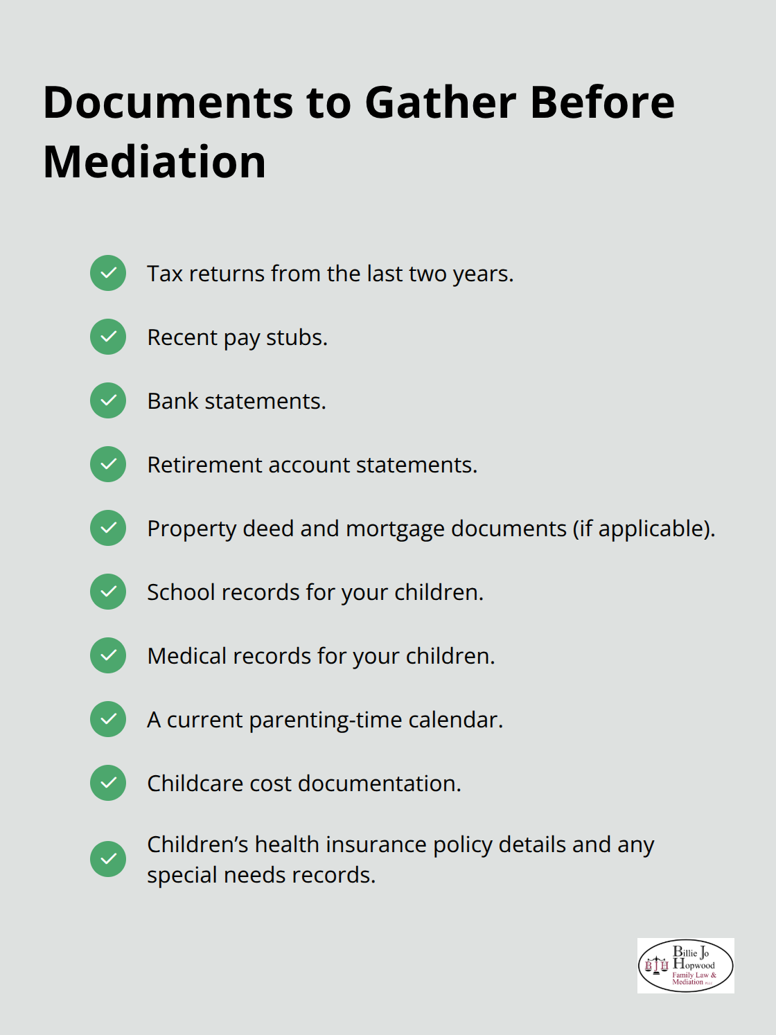 Checklist of key documents to prepare for family mediation. - court ordered mediation