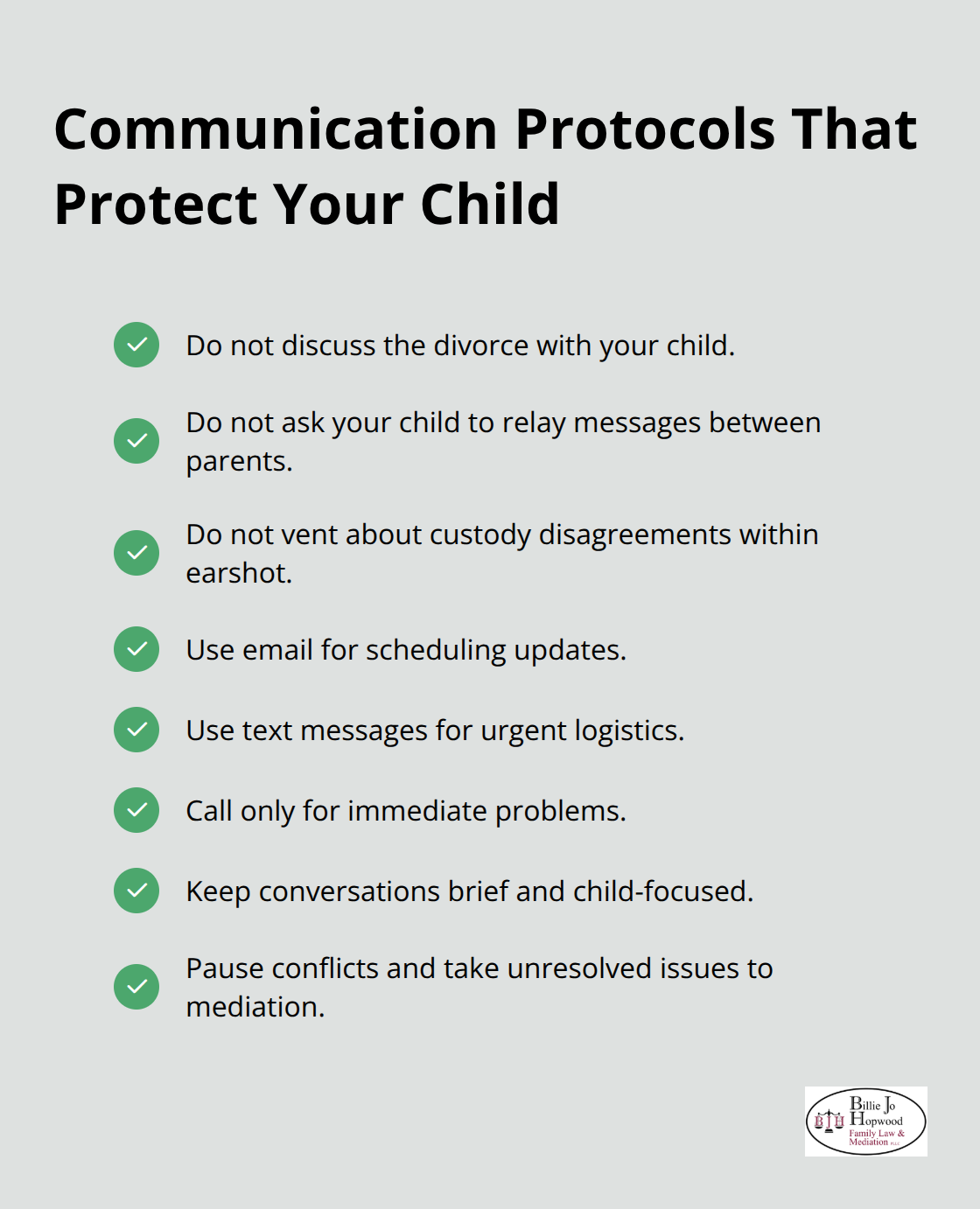 Checklist of communication boundaries and tools for calm co-parenting.