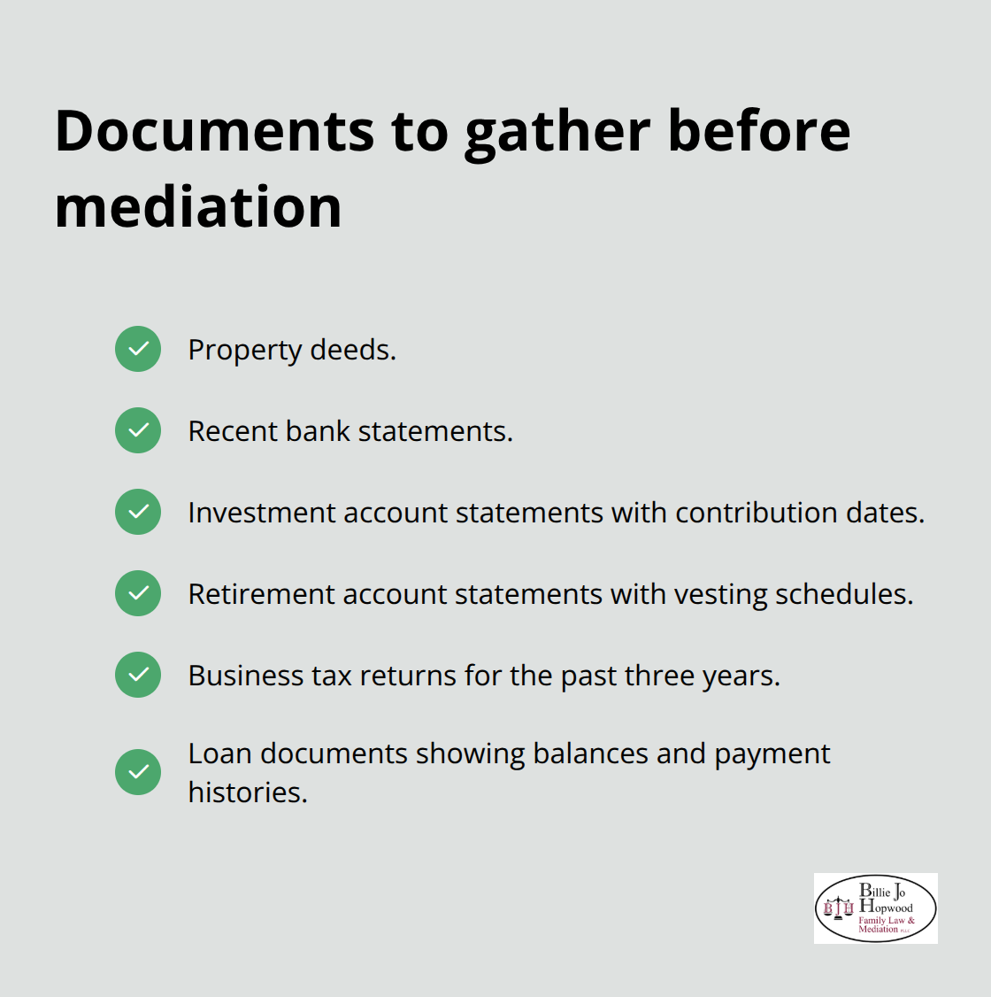 Checklist of financial records for Florida equitable distribution mediation