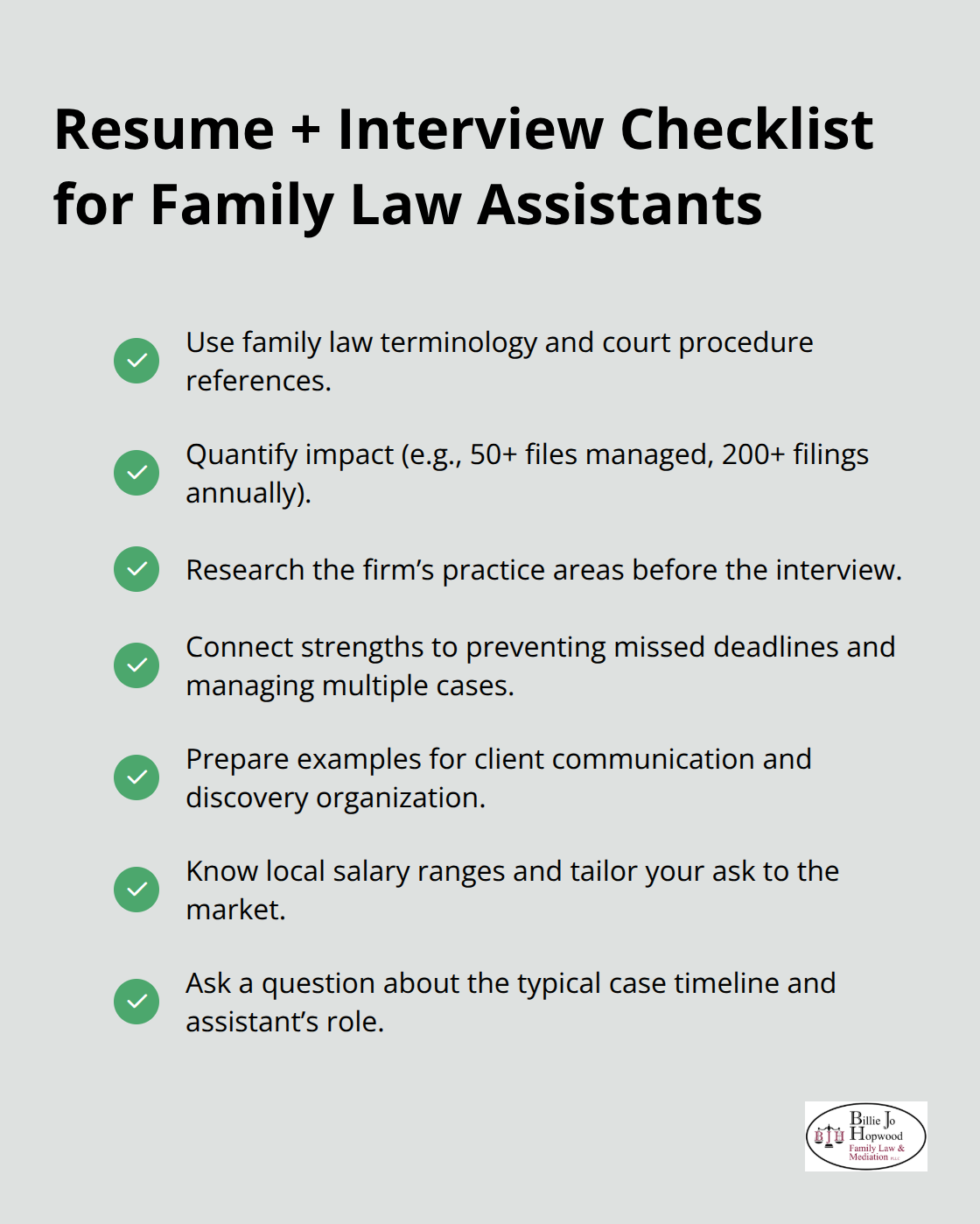 Checklist of essential resume and interview actions for U.S. family law assistant candidates. - family law assistant jobs