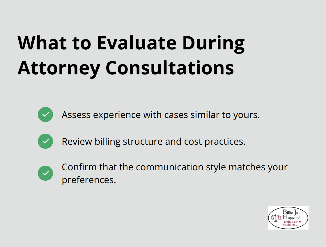 Key criteria to assess when meeting with potential family law attorneys in Florida.