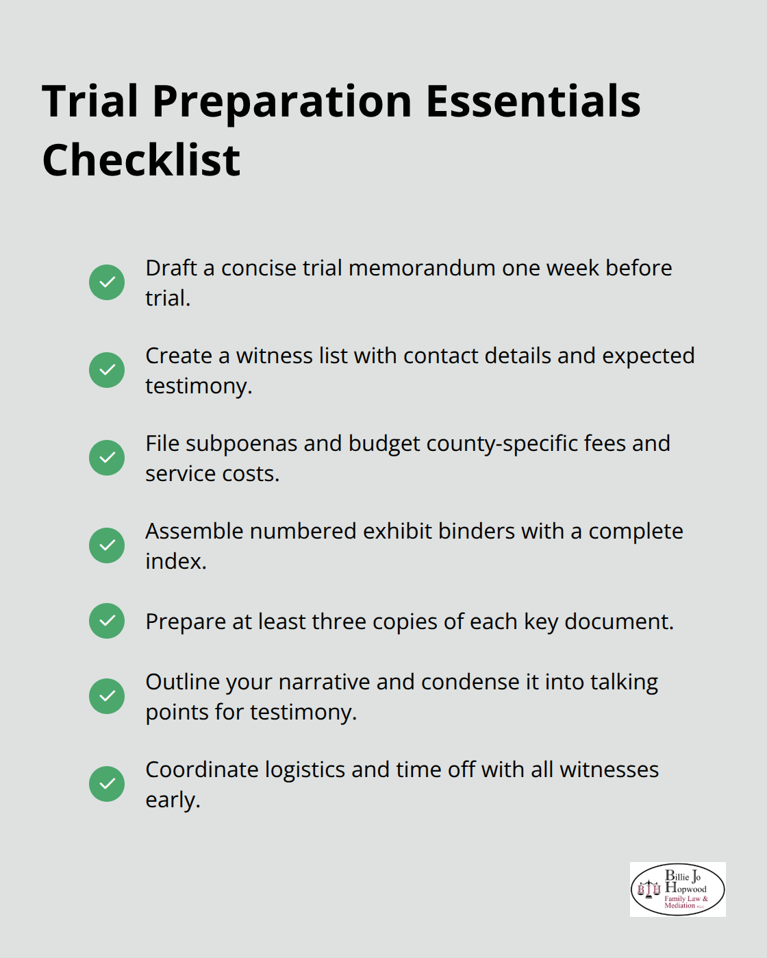 Checklist of must-do tasks to get ready for a Florida family law trial