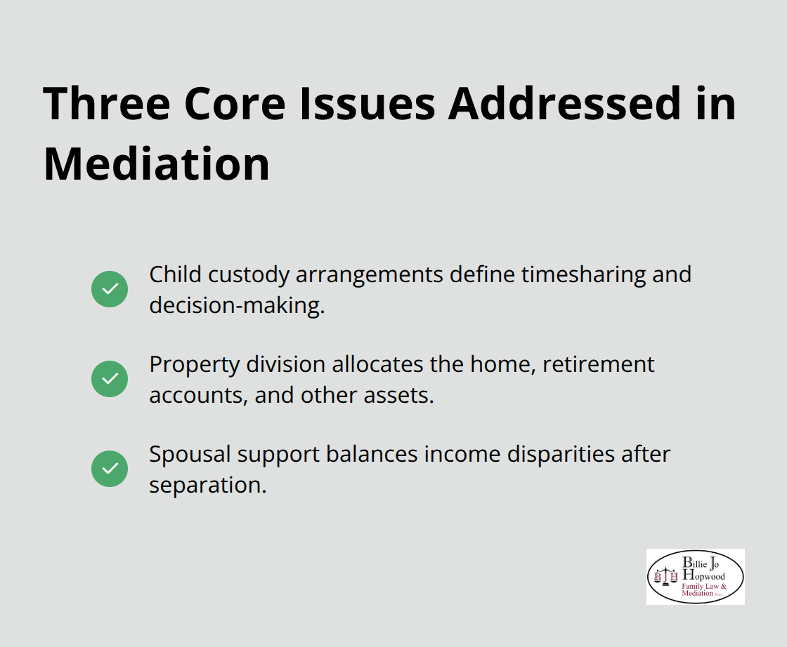 Key family law issues commonly resolved through mediation: custody, property division, and spousal support.