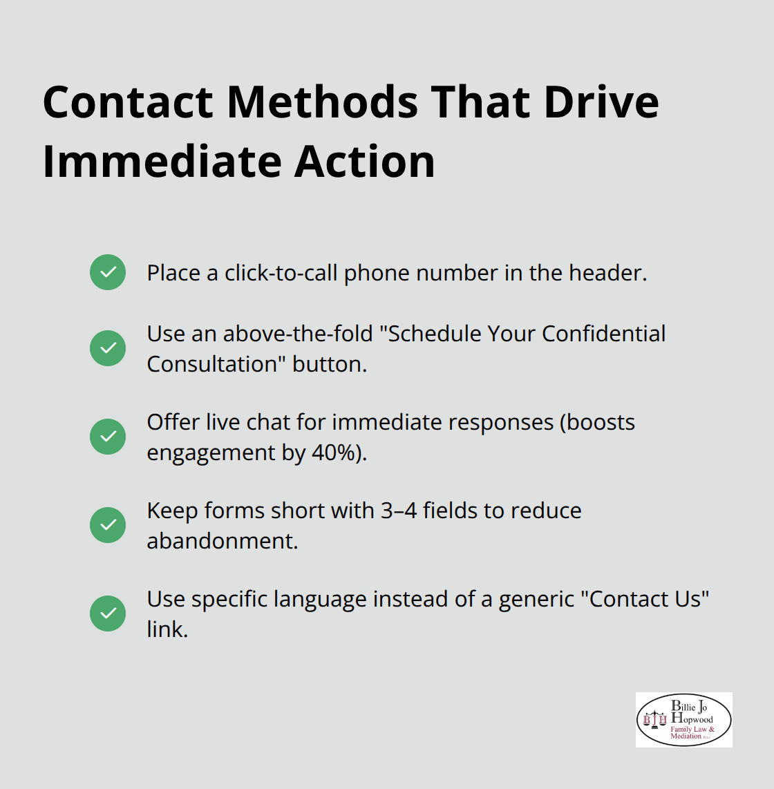 Checklist of high-converting contact methods for family law websites.