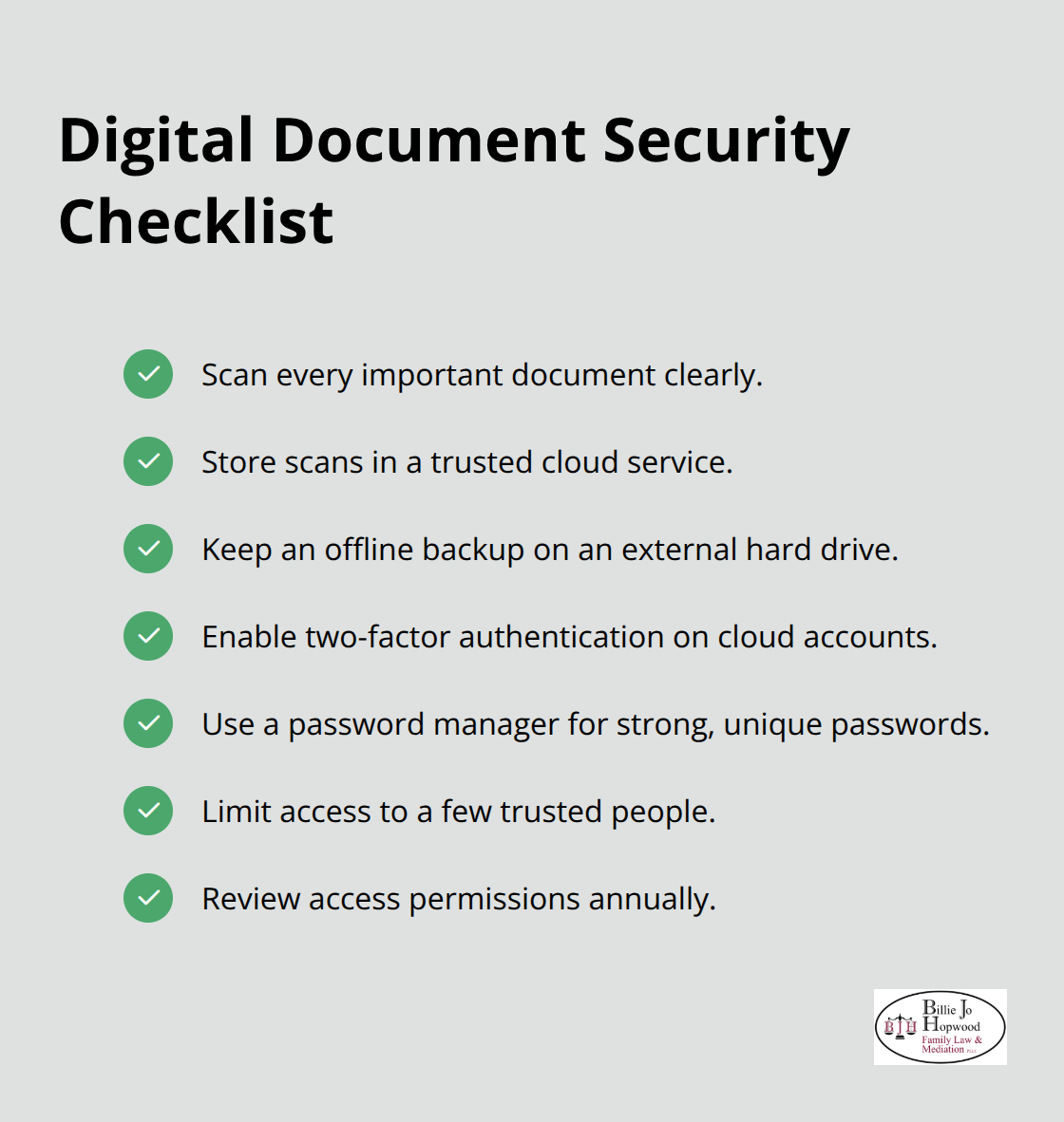 Checklist of best practices for securing digital document backups - family legal documents