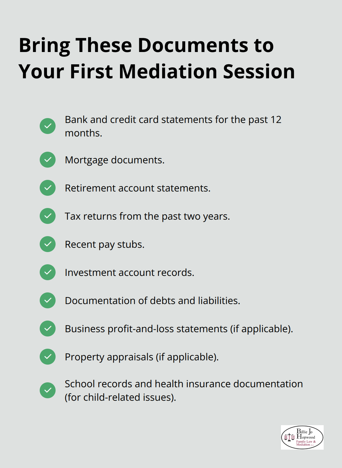 Checklist of financial and case documents to prepare for Florida family mediation. - florida family law mediation rules