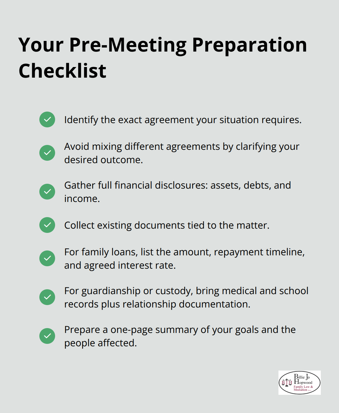Checklist of documents and information to prepare before meeting a family law attorney - intention to create legal relations between family