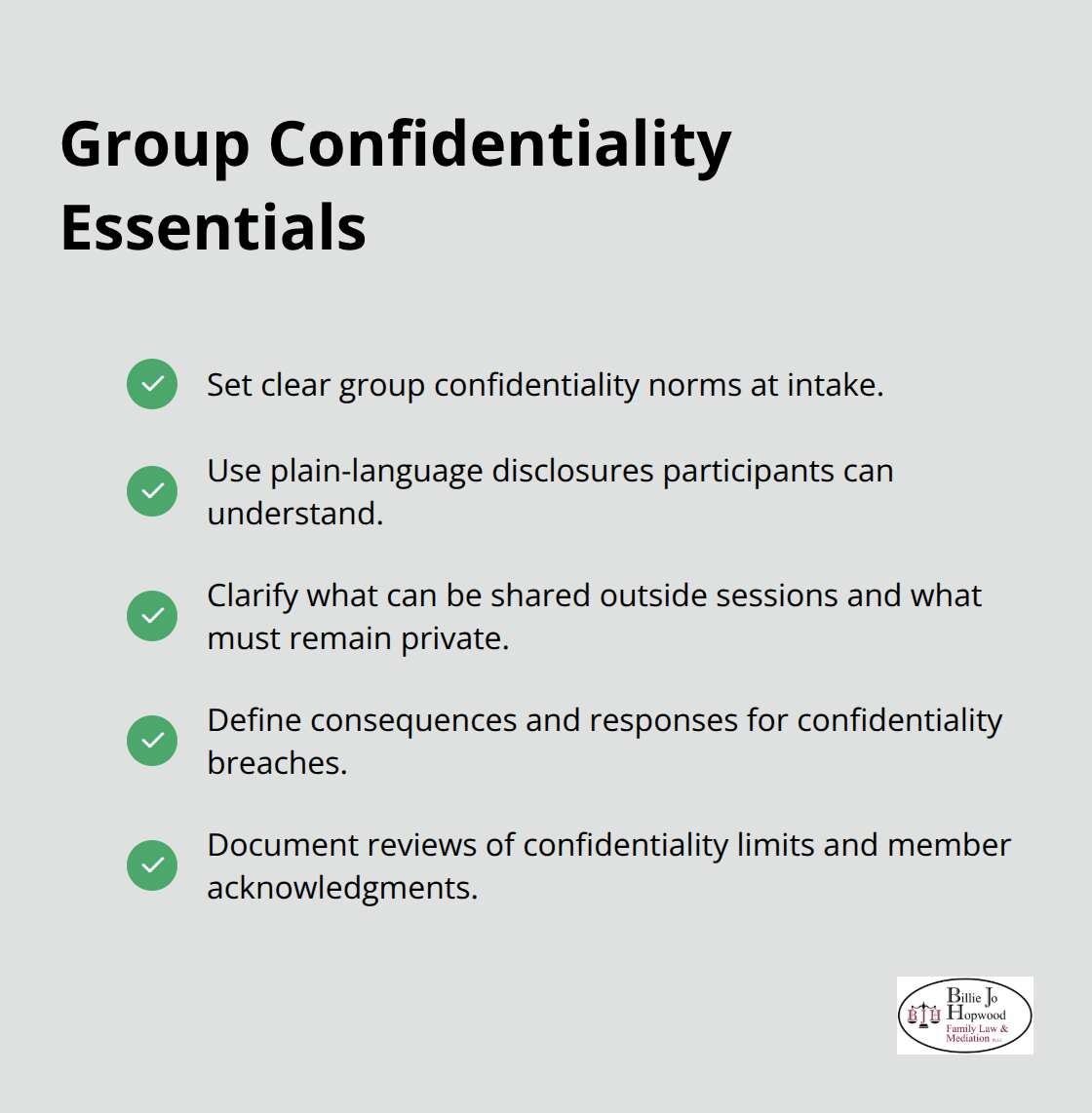 Key confidentiality safeguards therapists should set and document in group and family therapy. - legal and ethical considerations for group and family therapy