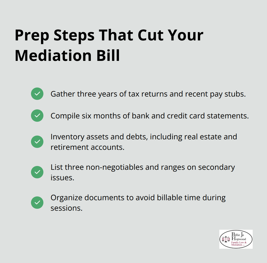 Checklist to prepare for Brevard family mediation and reduce hours