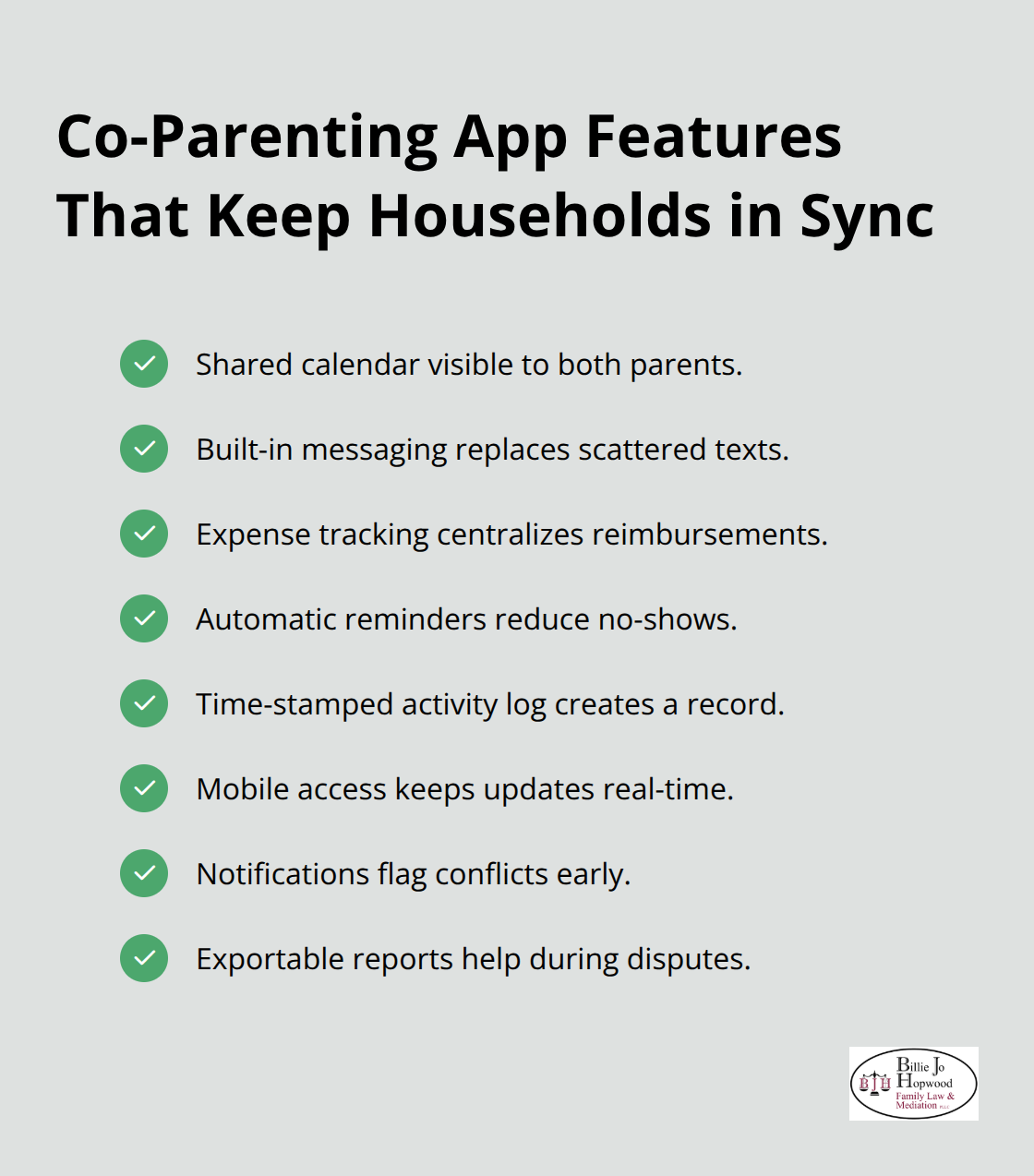 Compact checklist of co-parenting app capabilities that improve coordination and reduce conflict. - Mediation for parenting Brevard