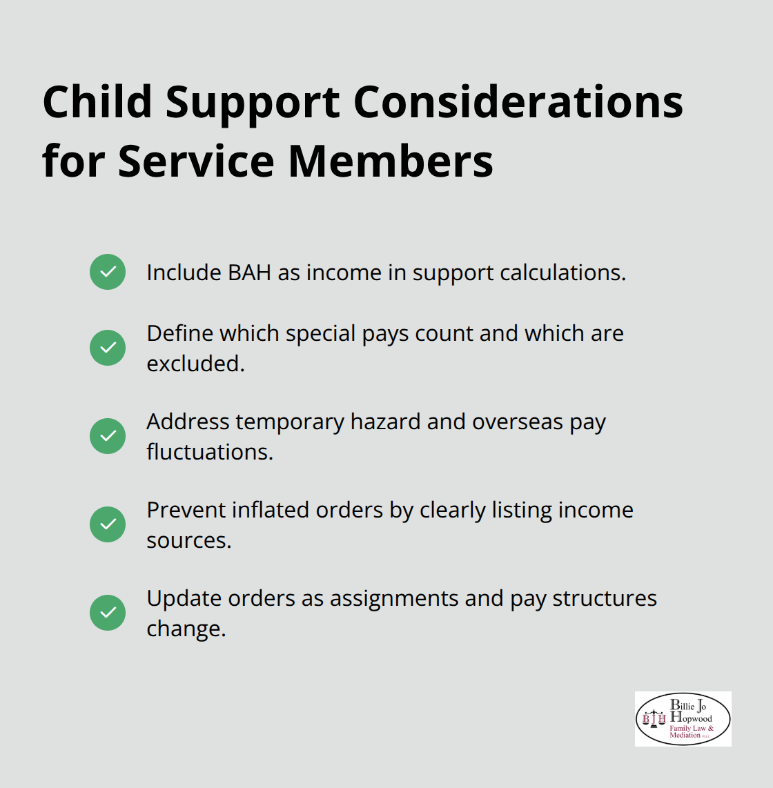 Military-specific income factors to address in child support orders - military family law