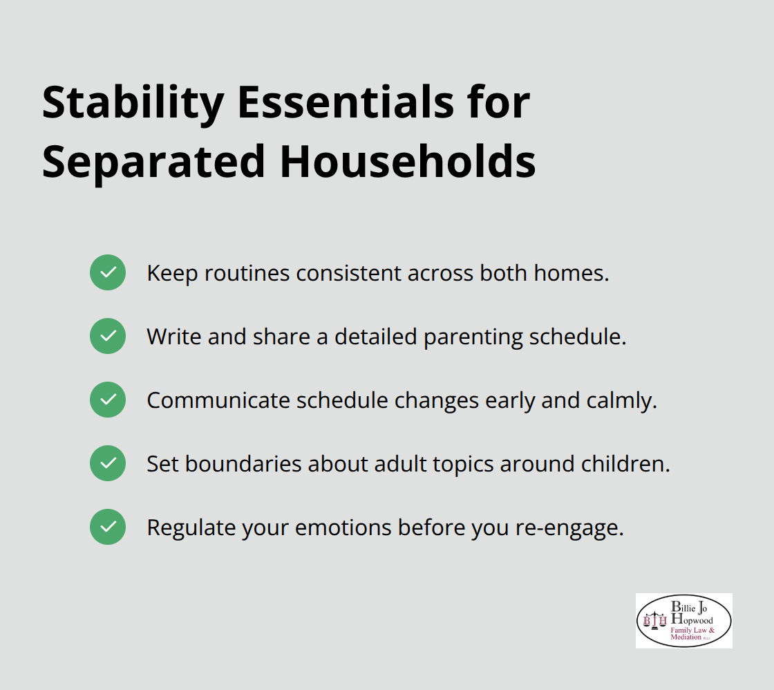 Checklist of practical steps to create stability for children in two-home families. - Parenting disputes mediation tips