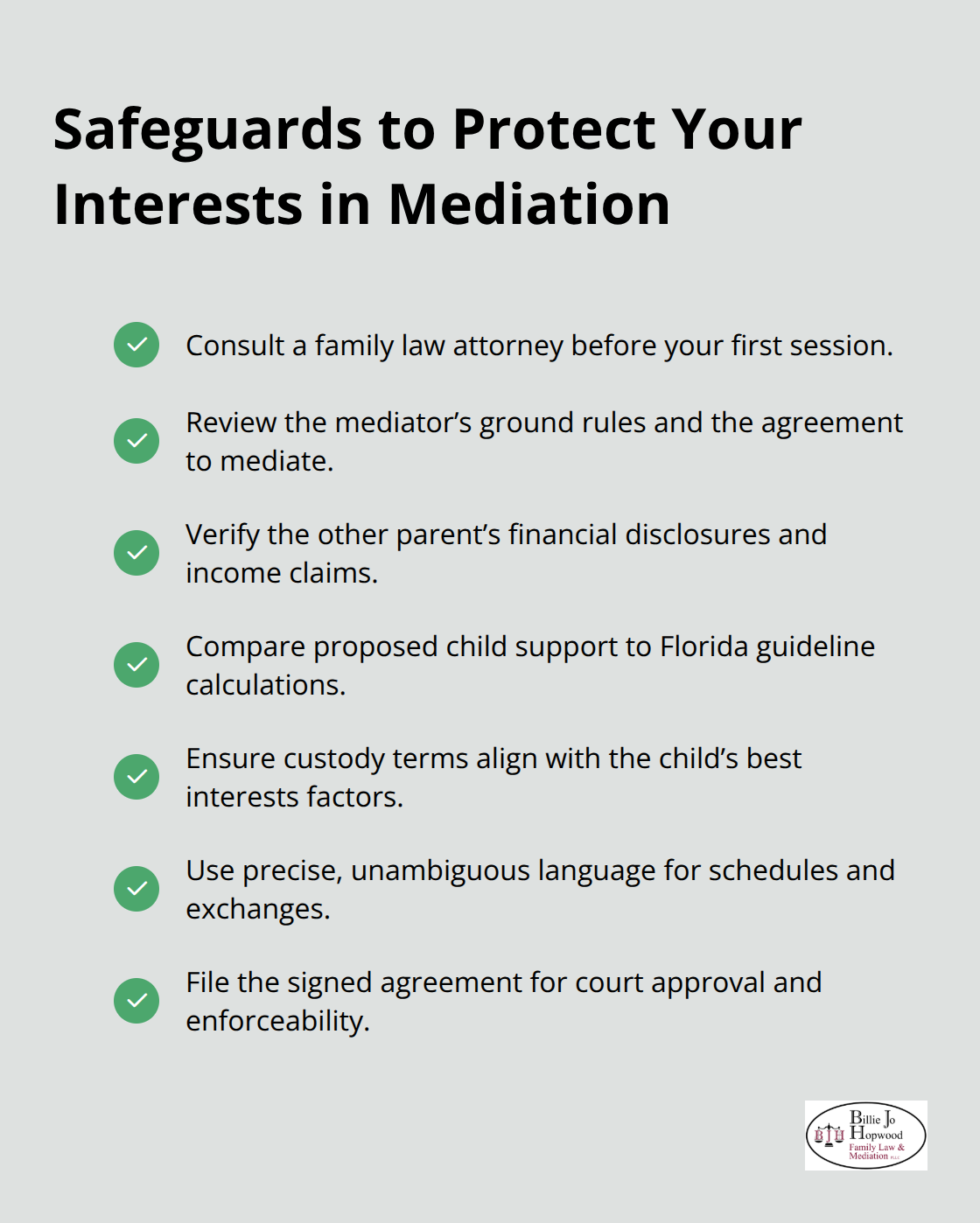 Checklist of attorney-guided safeguards to protect your rights during paternity mediation. - Paternity mediation process