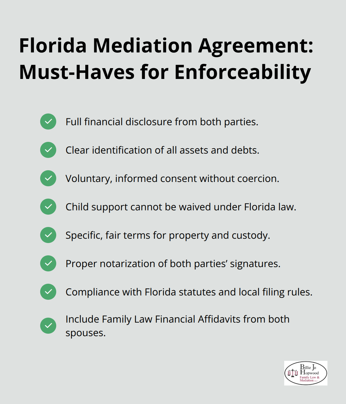 Checklist of Florida mediation agreement legal requirements for court approval