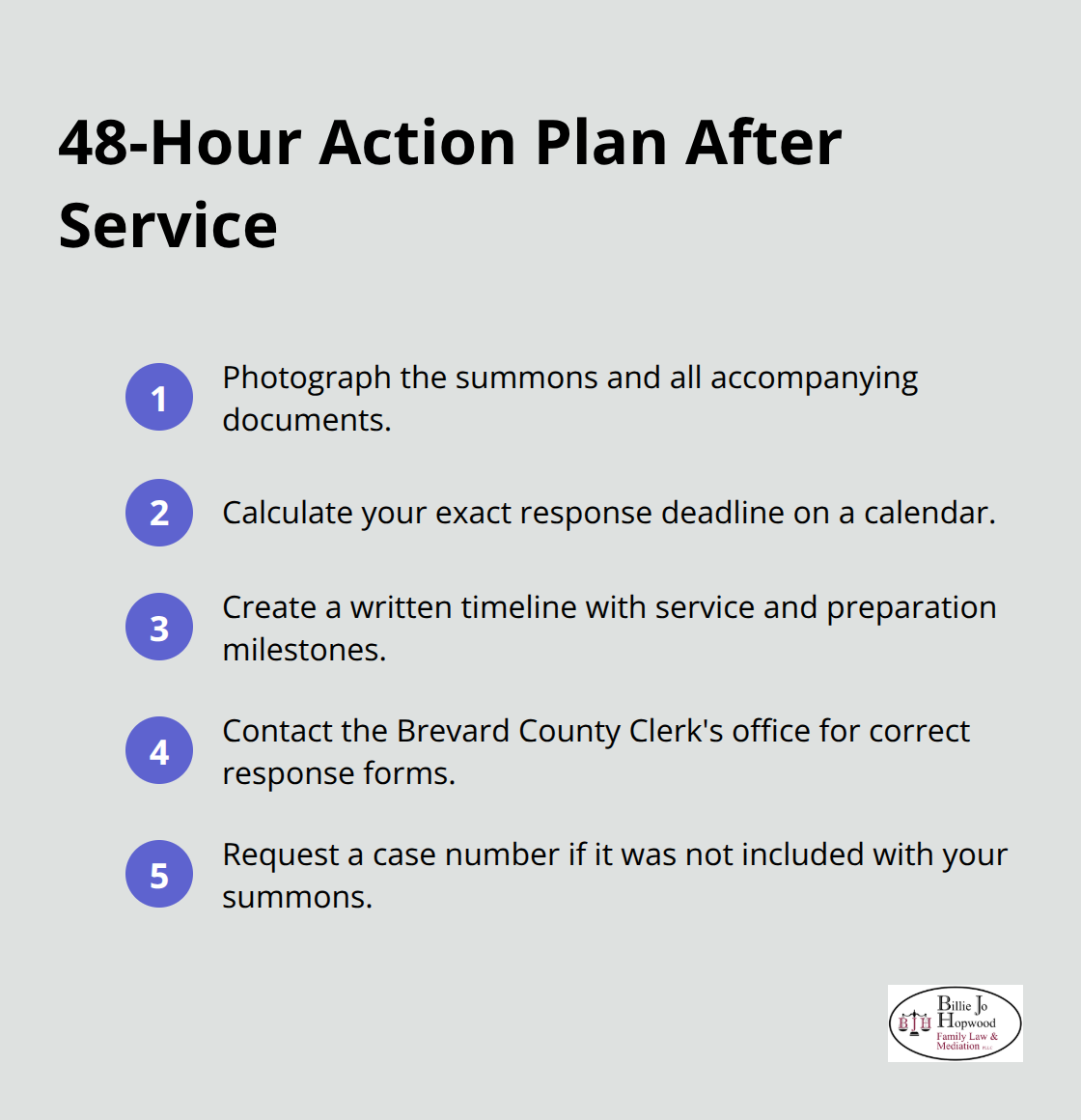 Five quick steps to take within 48 hours after being served a family law summons in Melbourne, Florida.